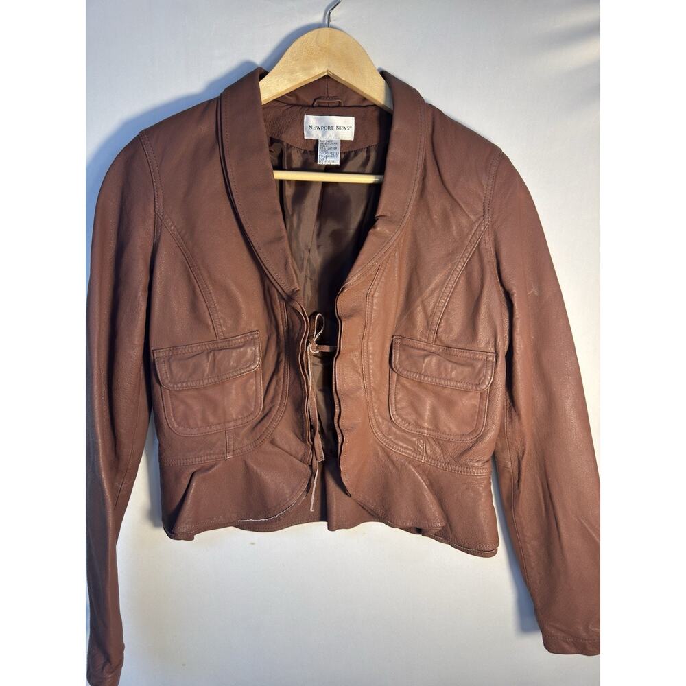 Newport News Brown Leather Cropped Jacket Tie Front Peplum Women’s 6